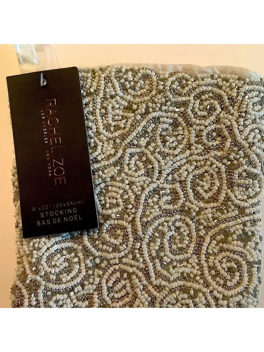 Rache Zoe Silver Champagne Beaded Ornate Lined Christmas Stocking New